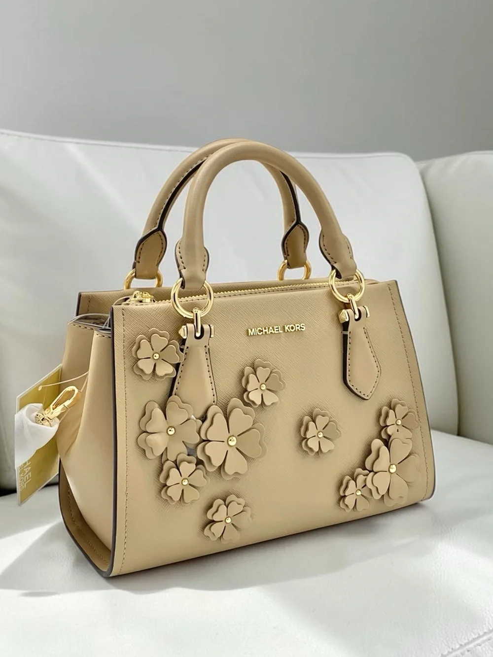 Michael Kors Marilyn Camel Floral Appliqué Satchel with Gold Hardware